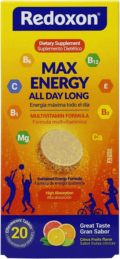 Redoxon Max Energy, Helps Support Inmune System, Citrus Flavor, 20 Effervescent Tablets, 2.82 Oz, Box Redoxon