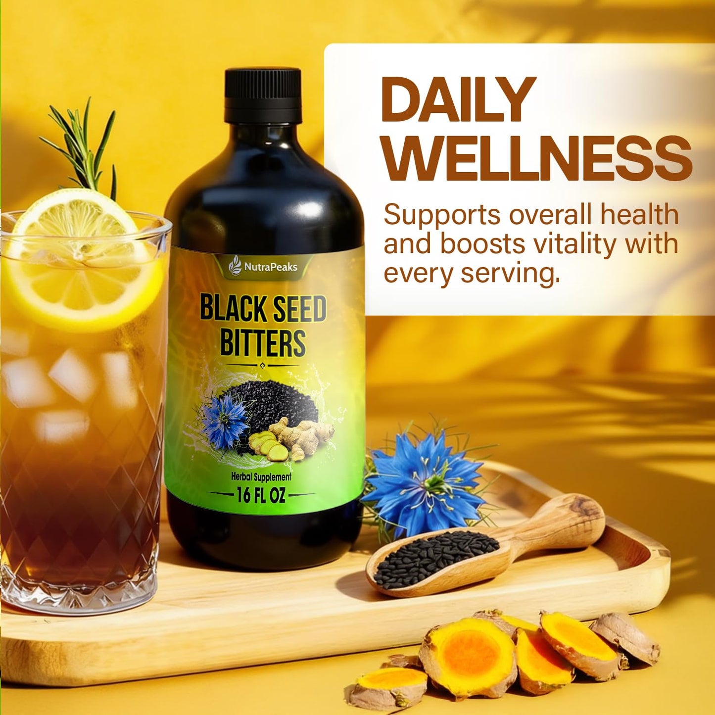 Black Seed Oil Bitters Liquid - Premium Herbal Blend with Black Seed Extract, Curcumin (Turmeric Extract), Ashwagandha, Elderberry, Probiotics, Vitamin C, Zinc...16 fl oz | Natural Botanical Blend NutraPeaksBuy Supplements Australia