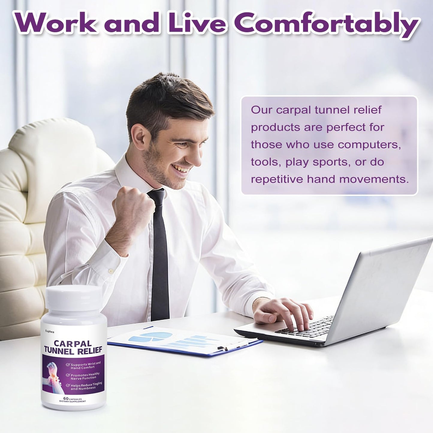 Euphea Carpal Tunnel Relief & Wrist Support Supplement, Helps Ease Tingling & Numbness,Vitamins B6, B12, C, D, K + GABA,60 Capsules EupheaBuy Supplements Australia