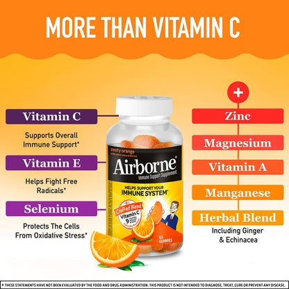 Airborne 750mg Vitamin C Immune Support Supplement Gummies for Adults, Zesty Orange Flavor, Gluten Free Crafted Blend with Powerful Antioxidants Vitamins A C & E, 63 Gummies (3 Pack) AirborneBuy Supplements Australia