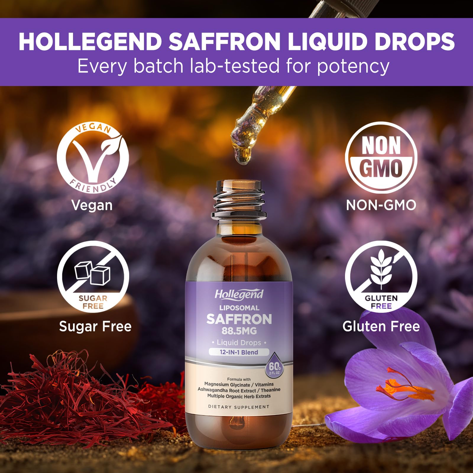 HOLLEGEND Liposomal Saffron Drops for Kids & Adults, Organic Saffron Supplement w/Magnesium, L-Theanine and Vitamins for Stress, Focus, Vision and Energy Support, Vegan, Natural Lemon Flavor, 2 FL OZ HOLLEGENDBuy Supplements Australia