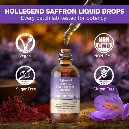 HOLLEGEND Liposomal Saffron Drops for Kids & Adults, Organic Saffron Supplement w/Magnesium, L-Theanine and Vitamins for Stress, Focus, Vision and Energy Support, Vegan, Natural Lemon Flavor, 2 FL OZ HOLLEGENDBuy Supplements Australia