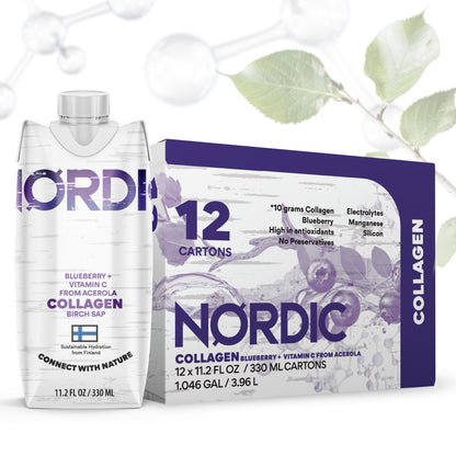 Nordic Liquid Collagen Peptide Drink, Organic Birch Sap, Wild blueberry + Vitamin C, Made in Finland - 10g Clinically Studied Grass Fed Collagen Peptides for Skin Hair Nails & Joint Support, with Silica, BPA-Free Beverage (12 Pack) Nordic Tree WaterBuy Supplements Australia