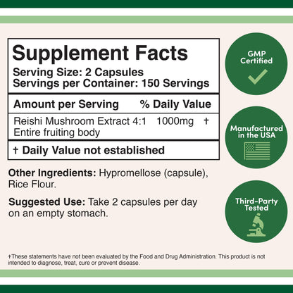 Reishi Mushroom Capsules (4:1 Ganoderma Extract, 1,000mg Red Reishi Powder Servings) Double Wood SupplementsBuy Supplements Australia