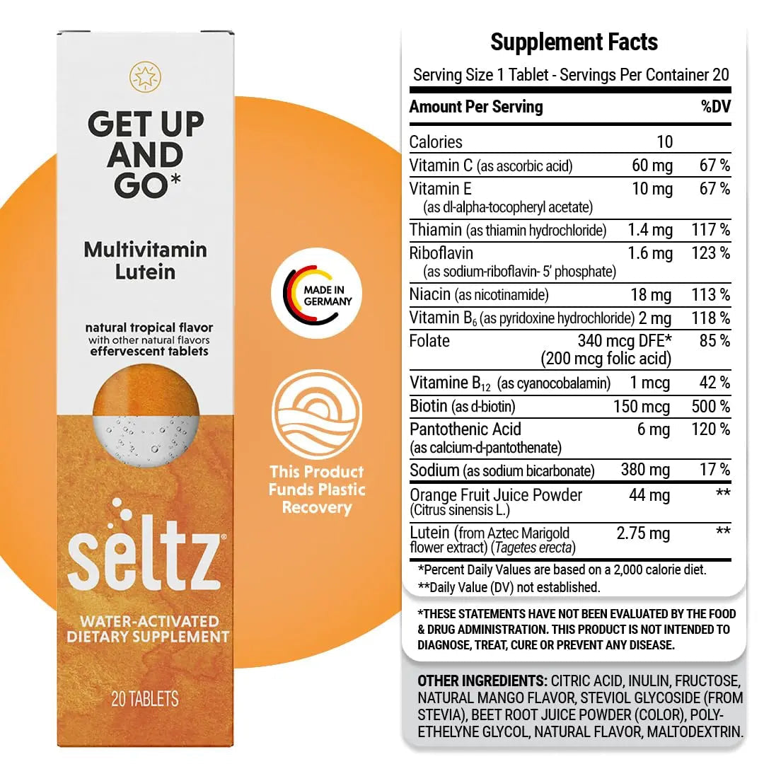 Seltz® Get Up and Go – Effervescent Multivitamin with Lutein for Daily Energy, Eye Health & Antioxidant Support Seltz