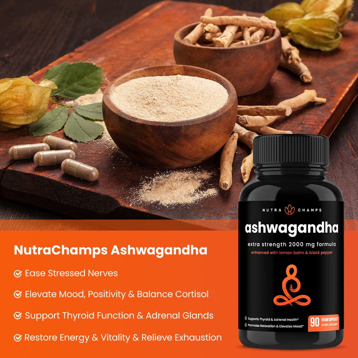 NutraChamps Organic Ashwagandha Capsules, 2000mg Adrenal Fatigue, Thyroid & Mood Support Ashwagandha Supplements, Ashwagandha Root Powder & Lemon Balm, Superior Absorption with Black Pepper NutraChampsBuy Supplements Australia