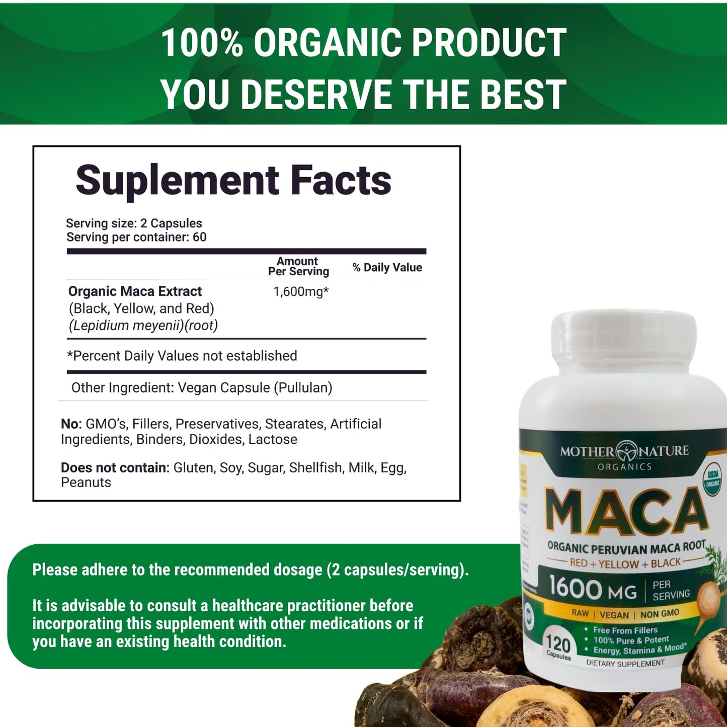 Mother Nature Organic Maca Root Capsules – 1600mg, 120 Vegan Capsules – Non GMO Peruvian Yellow, Red & Black Maca for Men & Women - Energy, Hormone, Brain & Weight Well-Being Mother Nature Organics Superfoods for Organic LivingBuy Supplements Australia