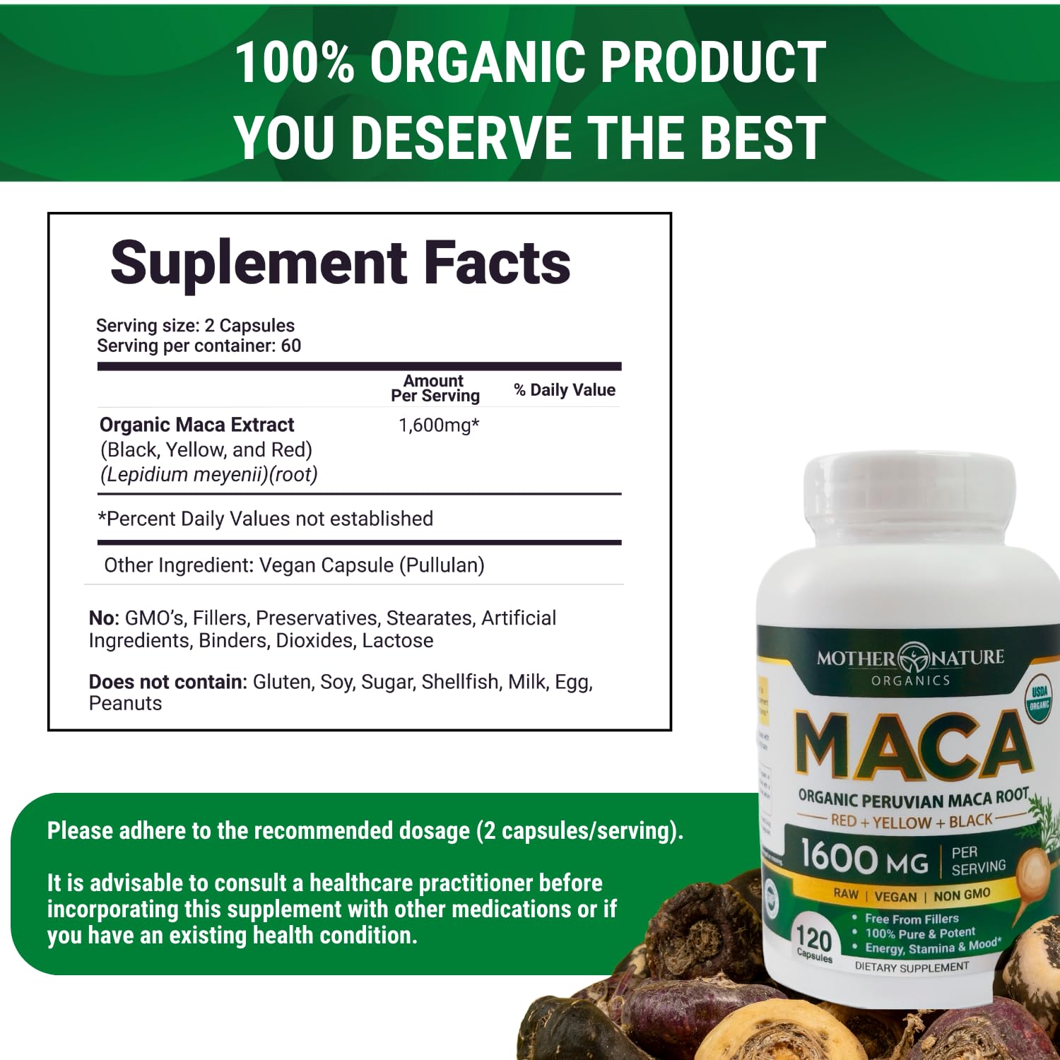 Mother Nature Organic Maca Root Capsules – 1600mg, 120 Vegan Capsules – Non GMO Peruvian Yellow, Red & Black Maca for Men & Women - Energy, Hormone, Brain & Weight Well-Being Mother Nature Organics Superfoods for Organic LivingBuy Supplements Australia