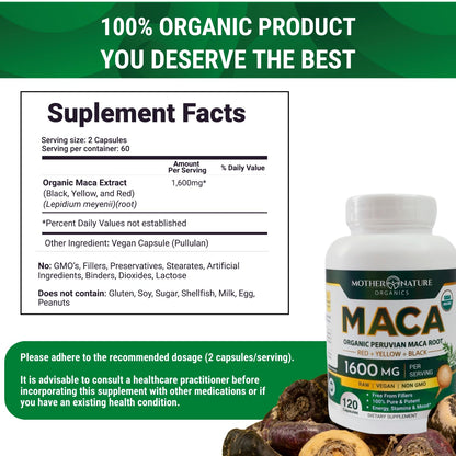 Mother Nature Organic Maca Root Capsules – 1600mg, 120 Vegan Capsules – Non GMO Peruvian Yellow, Red & Black Maca for Men & Women - Energy, Hormone, Brain & Weight Well-Being Mother Nature Organics Superfoods for Organic LivingBuy Supplements Australia