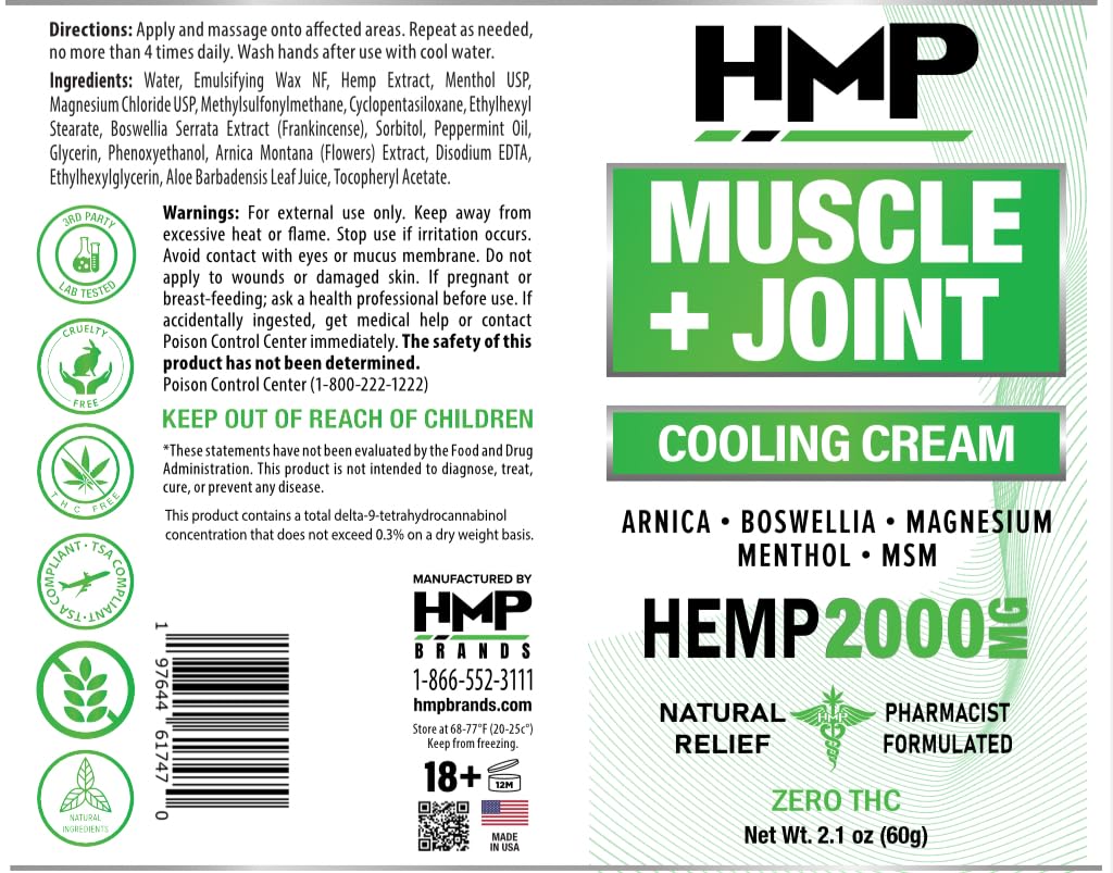 HMP BRANDS Hemp Cream Muscle & Joint Support 2000MG Hemp Discomfort Relief Formula w Menthol Ideal for Knee Muscle Joint Back Shoulder Elbow Maximum Joint Support, Natural Formula Made in USA 2.1oz HMP BRANDSBuy Supplements Australia