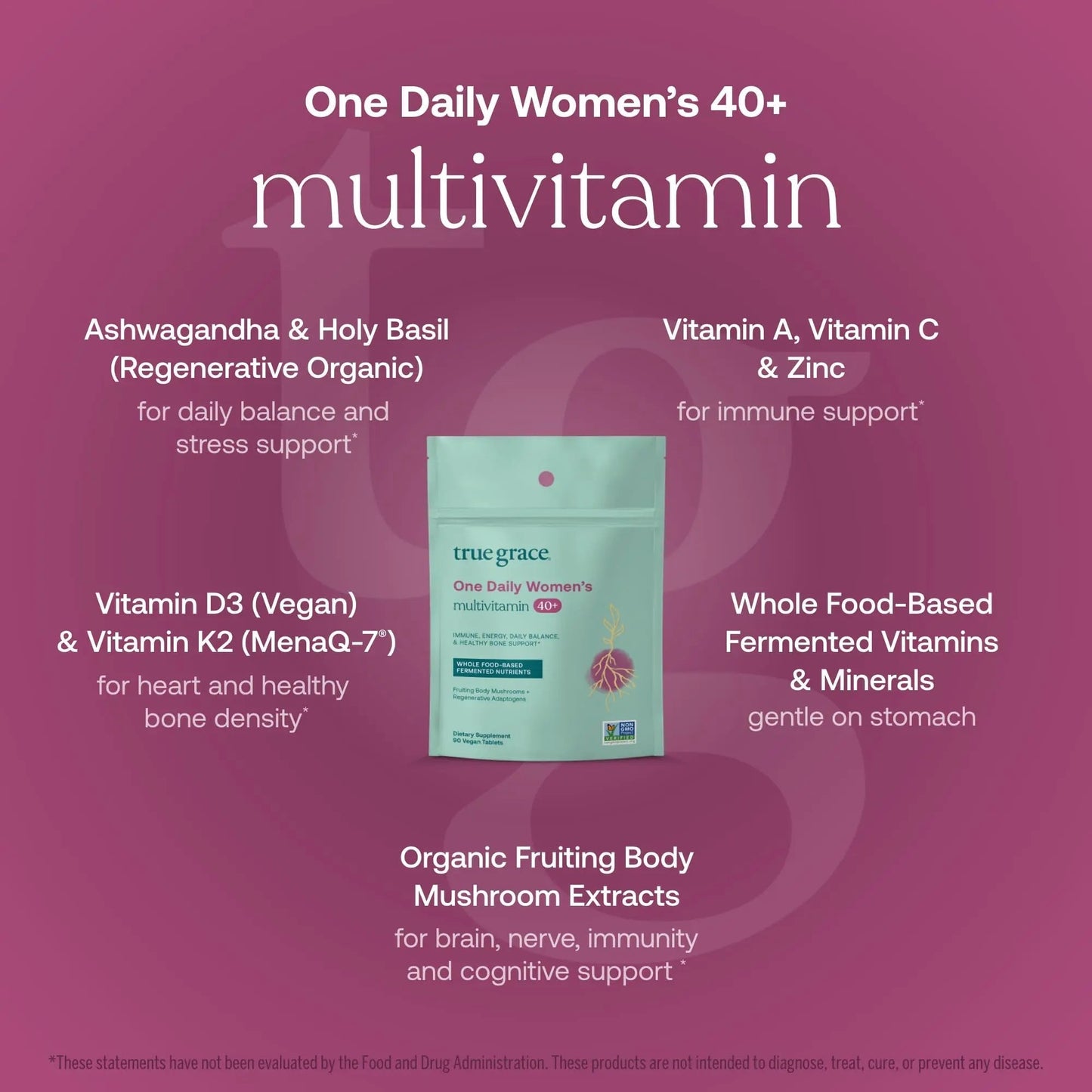 True Grace One Daily Women’s Multivitamin 40+ Fermented Minerals, Organic Adaptogens & Mushrooms Energy, Immune, Bone Support True Grace