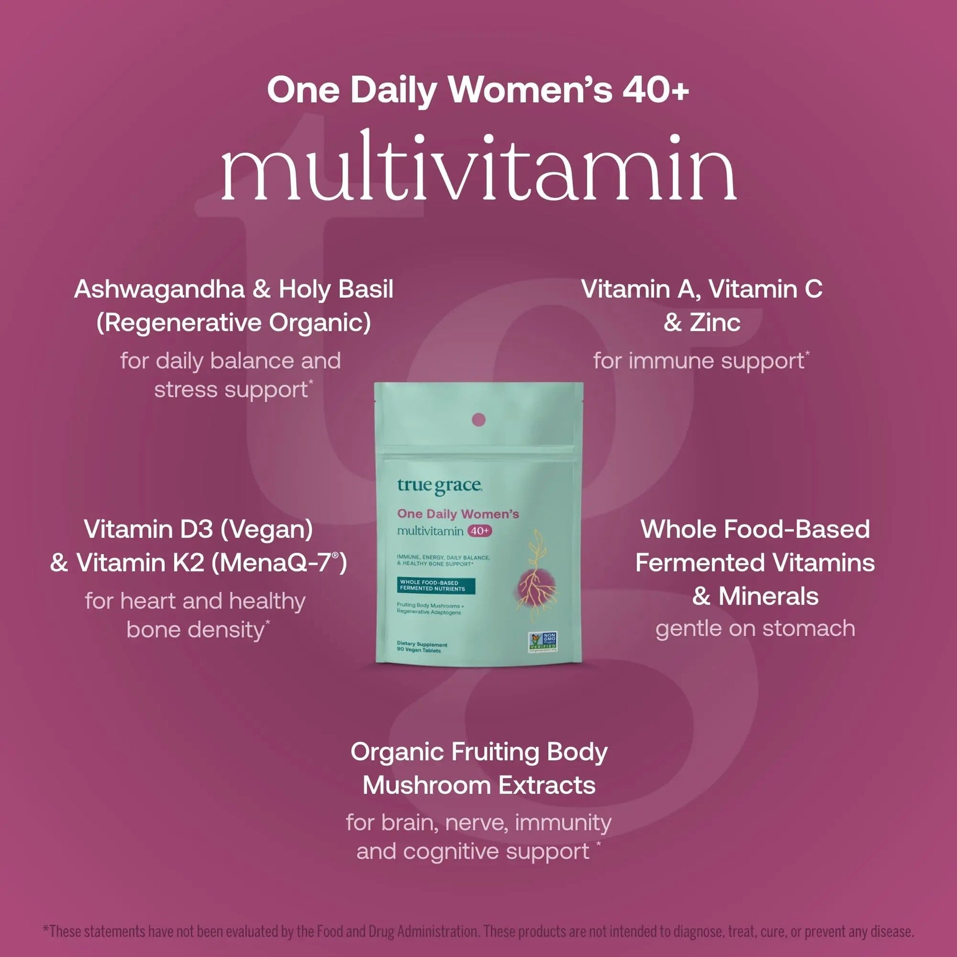 True Grace One Daily Women’s Multivitamin 40+ Fermented Minerals, Organic Adaptogens & Mushrooms Energy, Immune, Bone Support True Grace