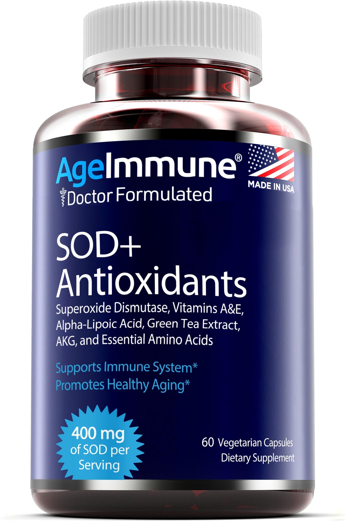 SOD Antioxidants Complex Healthy Aging Supplement - 400mg of Superoxide Dismutase - Alpha Lipoic Acid - L-Arginine -Lysine - AKG - Vitamin A - Vitamin E for Immune Support-60 Capsules AgeImmuneBuy Supplements Australia