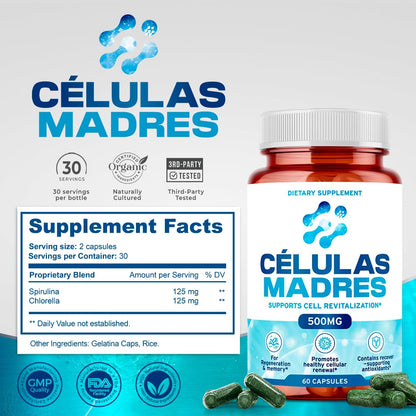 Stem Cell Supplements 500mg (60 Cap) Natural Anti-Aging & Longevity Support with Spirulina & Chlorella, Boost Cellular Renewal, Restore Youthful Energy, Reduce Joint Soreness – Celulas Madre AURA VITAMINSBuy Supplements Australia