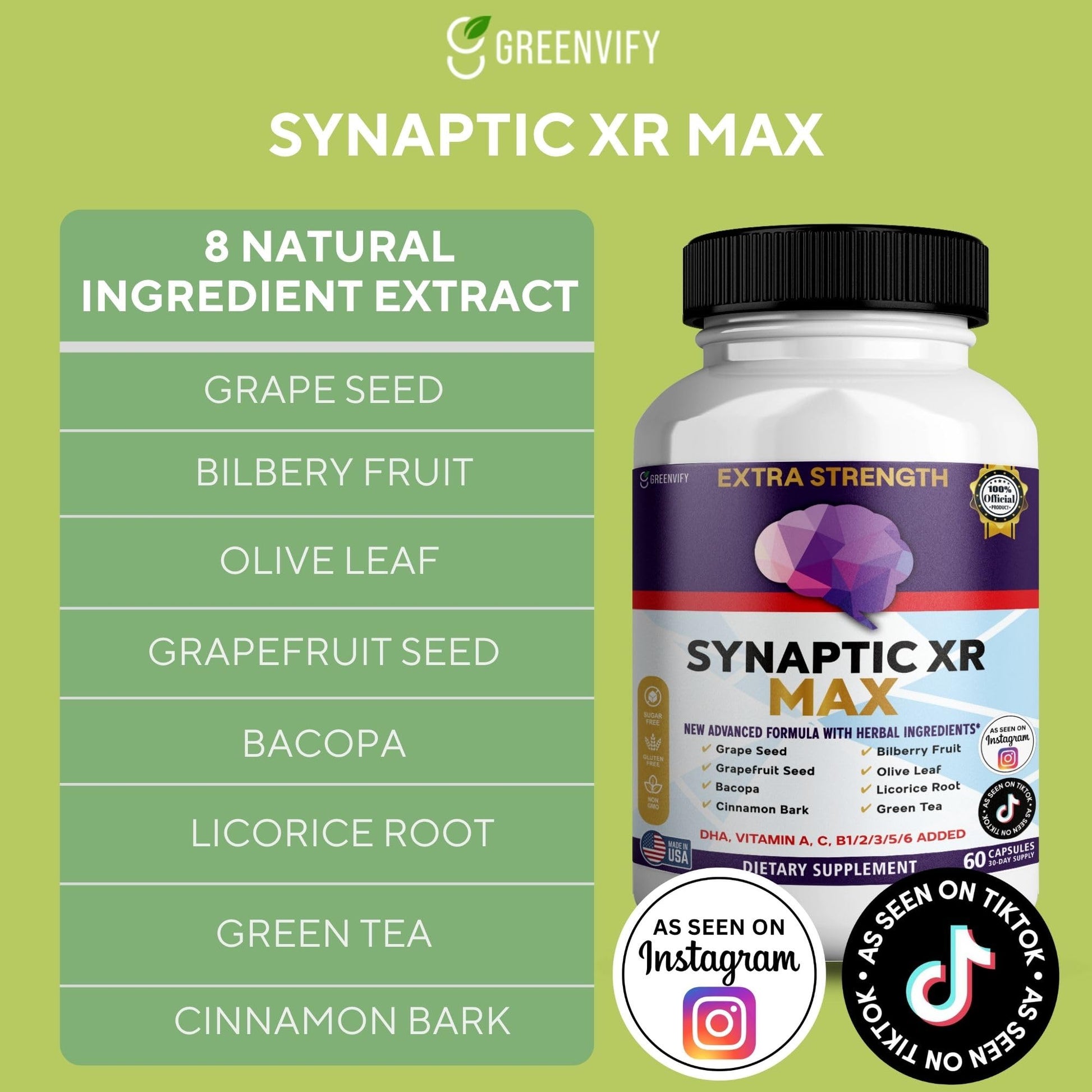 GREENVIFY Synaptic XR Max Extra Strength Brain Support Supplement with Herbal Ingredients, 60 Capsules, DHA Vitamins, Nootropic Formula (1) GREENVIFYBuy Supplements Australia