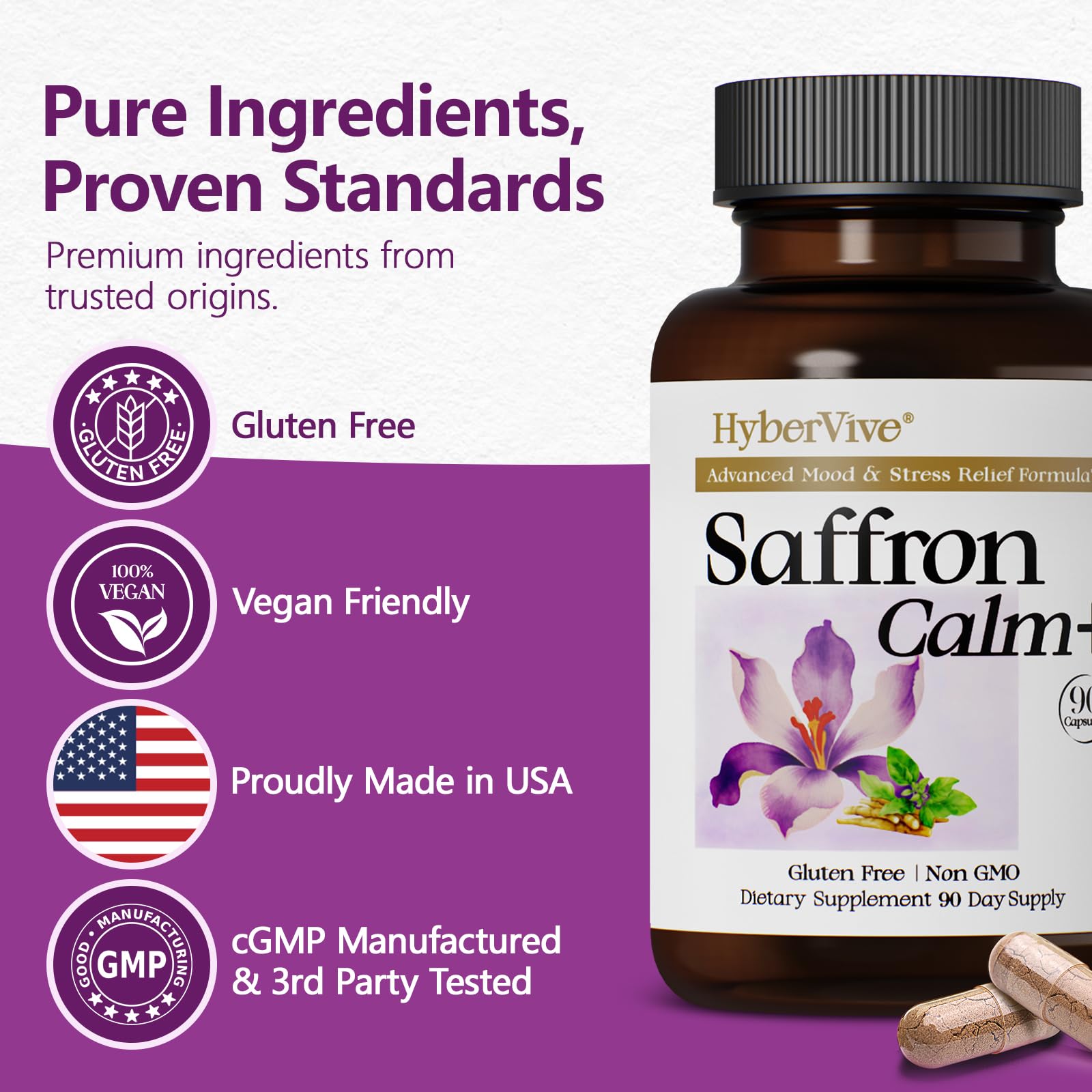HyberVive Saffron Supplements with Ashwagandha & L-Theanine - 368.5MG - Mood Balance, Stress Relief & Mental Clarity – Cortisol Support for Women & Men, Made in USA, 90 Vegan Capsules HyberViveBuy Supplements Australia