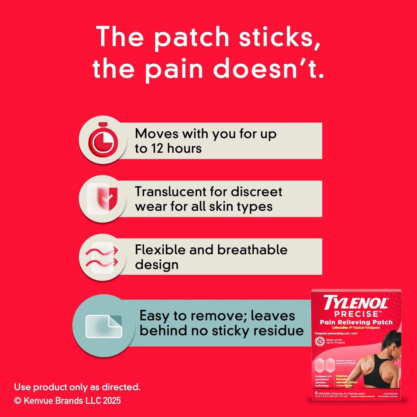 Tylenol Precise Pain Relieving Patches, Topical Analgesic Patches + Maximum OTC Strength Lidocaine Penetrates, Targeted Relief Ideal for Shoulder, Back & Knee Pain, Unscented, 3 x 2 ct TylenolBuy Supplements Australia