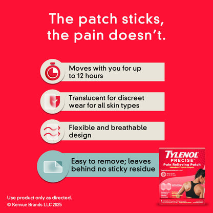 Tylenol Precise Pain Relieving Patches, Topical Analgesic Patches + Maximum OTC Strength Lidocaine Penetrates, Targeted Relief Ideal for Shoulder, Back & Knee Pain, Unscented, 3 x 2 ct TylenolBuy Supplements Australia