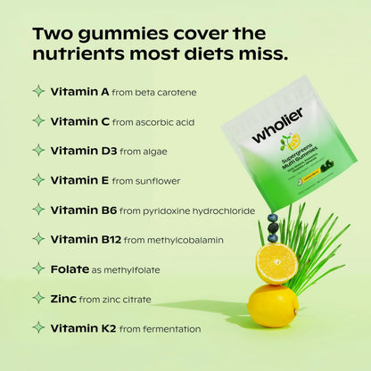 wholier Supergreens Multi Gummies, Daily Greens with Prebiotics, Fiber, Adaptogens, Plant-Based Multivitamin with 9 Essential Vitamins wholierBuy Supplements Australia