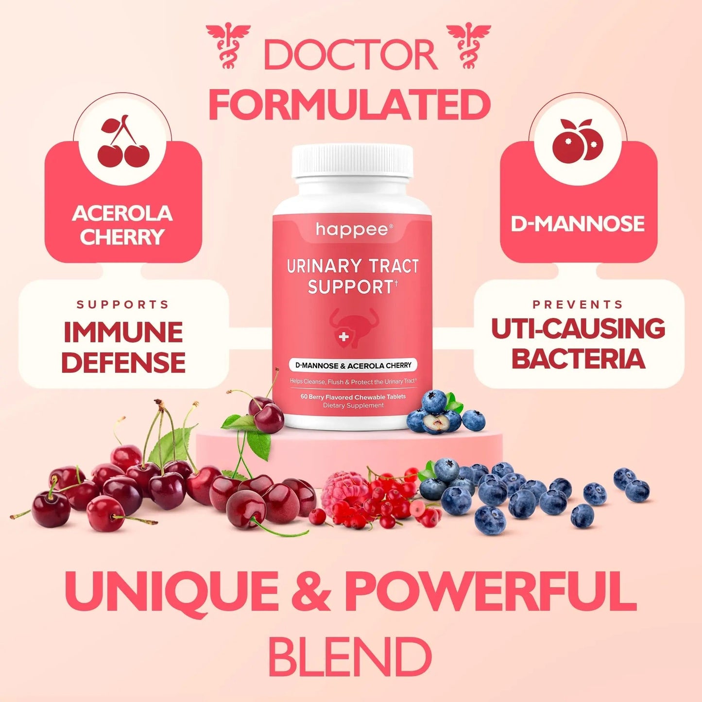 Happee Urinary Tract Health Supplement for Women & Men – Fast-Acting UTI Relief and Prevention, 500mg D-Mannose & Antioxidants, Supports Kidney and Bladder Health, Berry Flavor, 60 Chewables HappeeBuy Supplements Australia