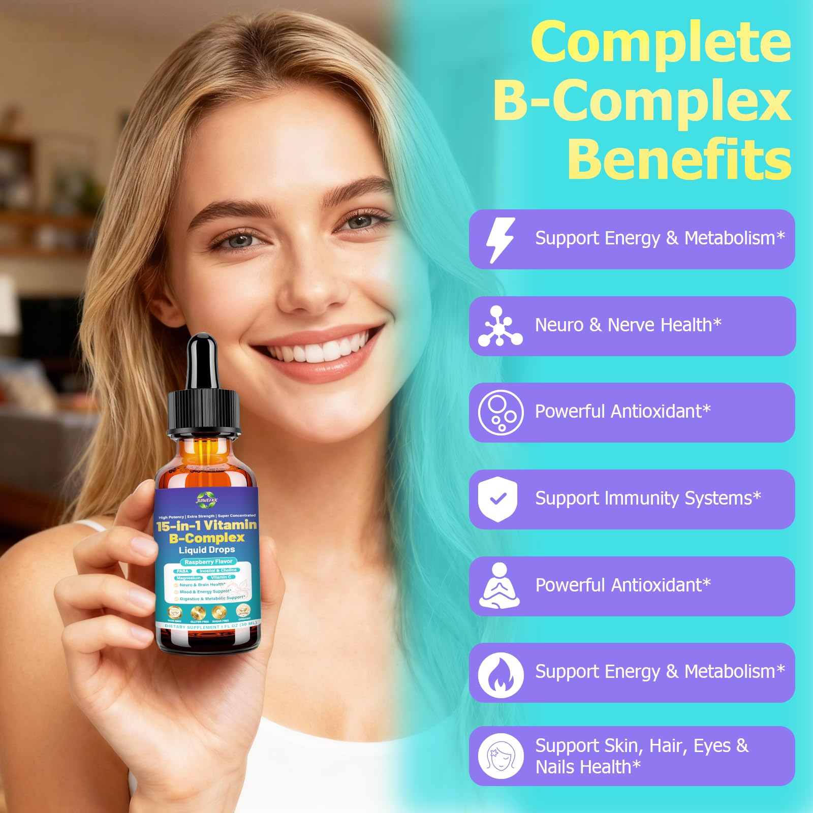 Advanced Vitamin B Complex Liquid Drops for Women Men & Kids, 15-in-1 VIT B Complex with Vitamin C B12 B6 B1 Niacin Folate for Brain Nerve Neuropathy Energy Mood Health, Sublingual B-Complex Drops JUIWEFKKBuy Supplements Australia