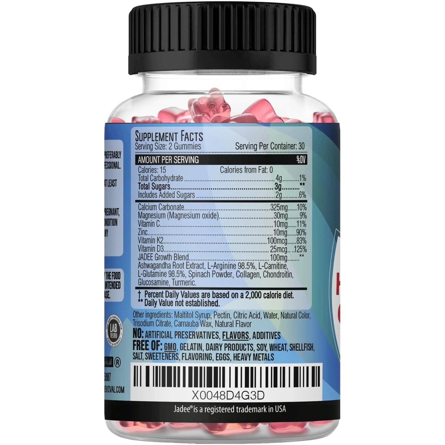 Jadee Height Growth Gummies for Teens & Kids Calcium 325mg, Teen Vitamins D3,K2,C, Magnesium, Ashwagandha, Zinc, L-Arginine Jadee