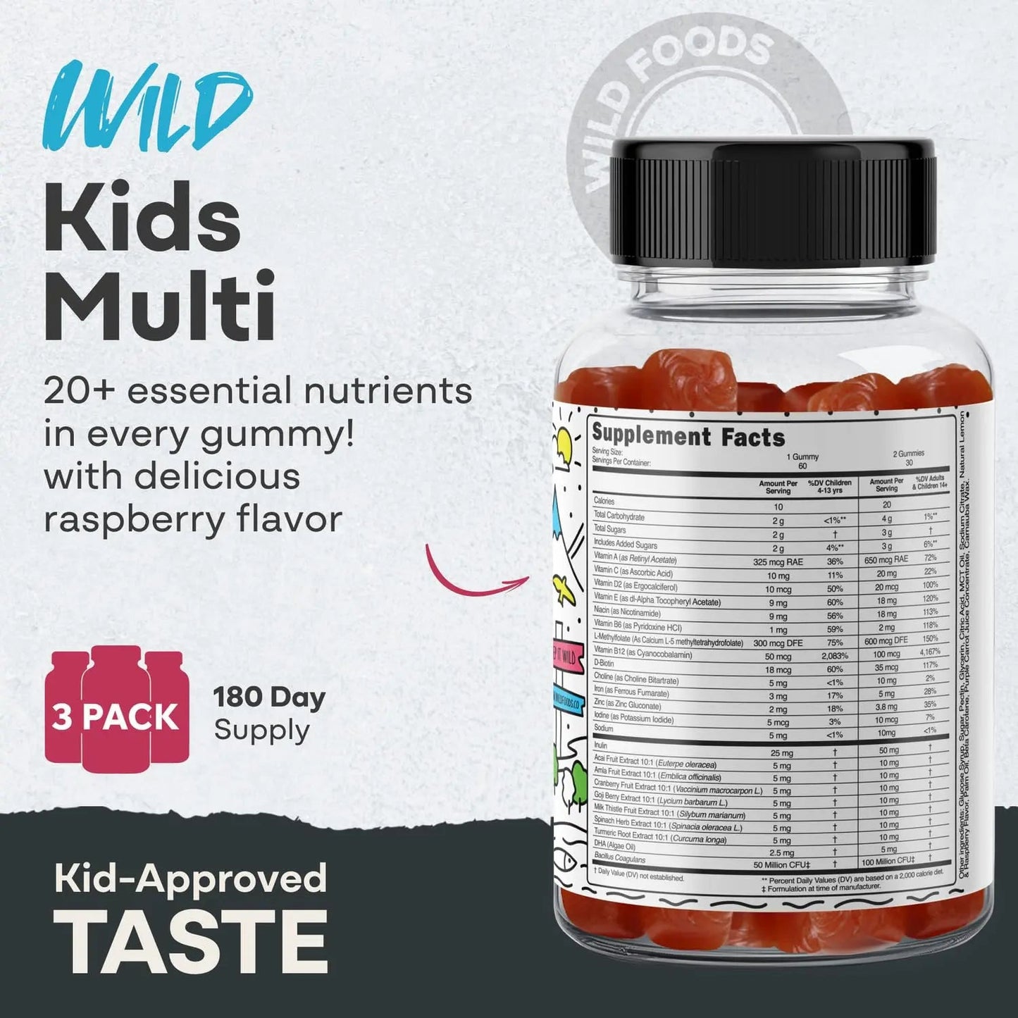 Wild Foods Kids Multivitamin Gummies – Natural Skin, Immune & Bones Support with Kids Vitamins A, C, D, E, B12, Iron & DHA Wild Foods