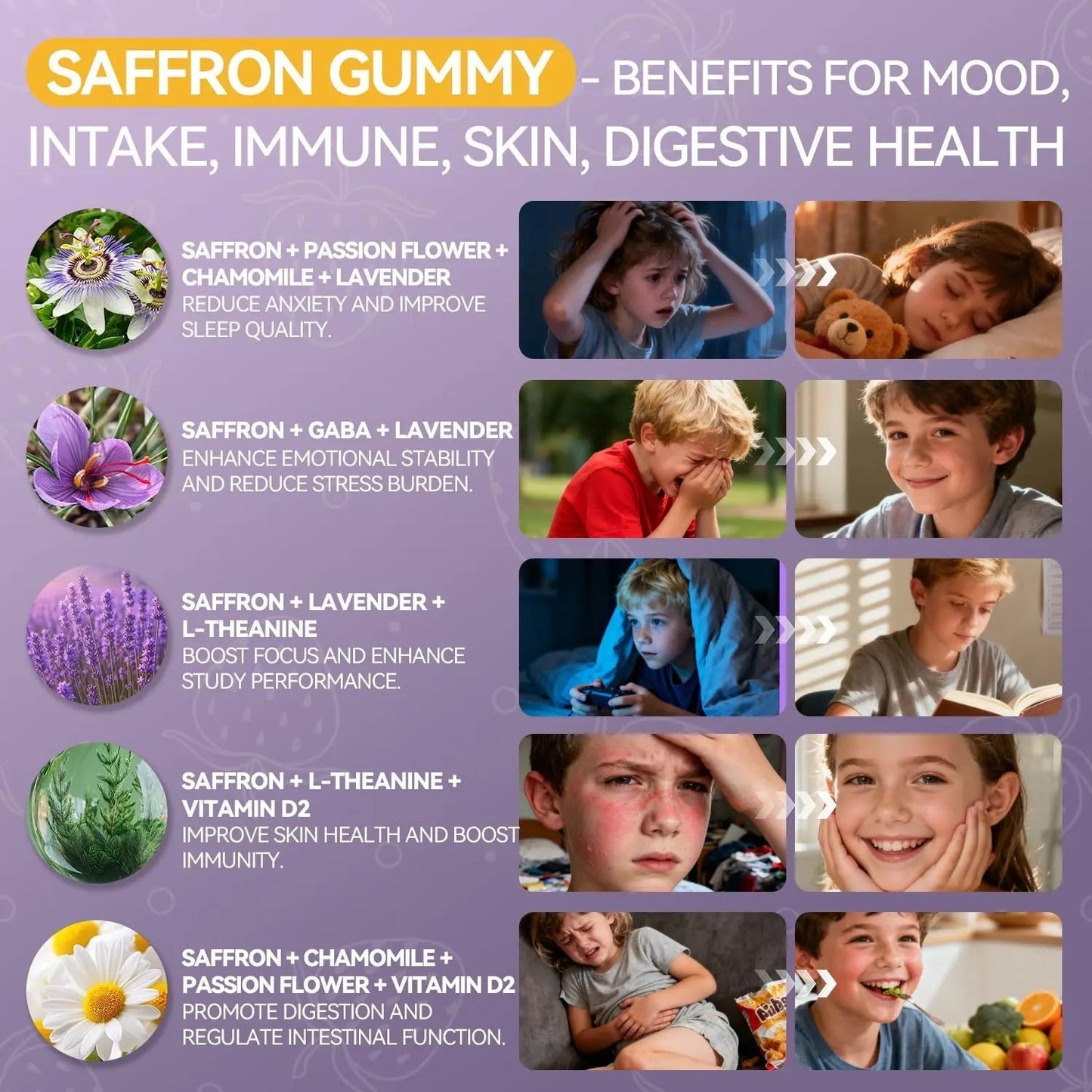 Crasye Saffron Gummies for Kids 100% Pure Organic Saffron Extract Sugar Free Saffron Supplements Gummy for Children Calm Mood & Focus - 60 Gummies Crasye