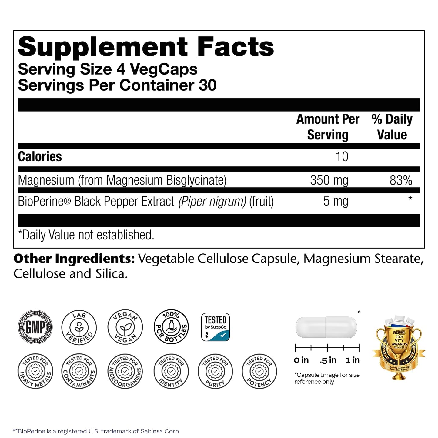 SOLARAY Magnesium Glycinate Capsules, Chelated Magnesium Bisglycinate w/BioPerine, Higher Absorption Magnesium Supplement - Bones, Muscles,