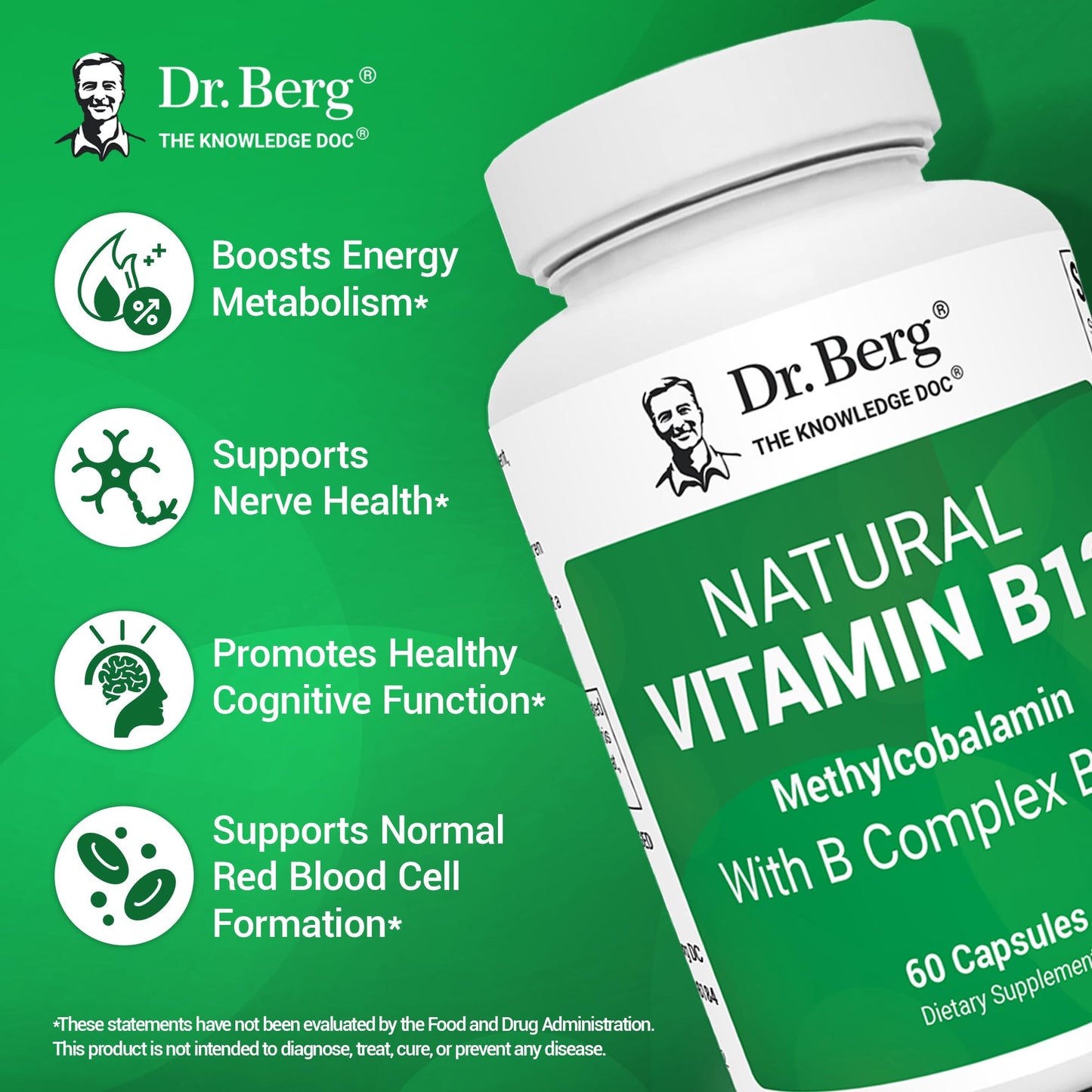 Dr. Berg Natural Vitamin B12 1000 mcg with B Complex Blend - Methylcobalamin B12 for Energy, Nerve Health, and Cognitive Function* - Methylated B12 with Folate - 60 Capsules (2-Month Supply) Dr. Berg NutritionalsBuy Supplements Australia