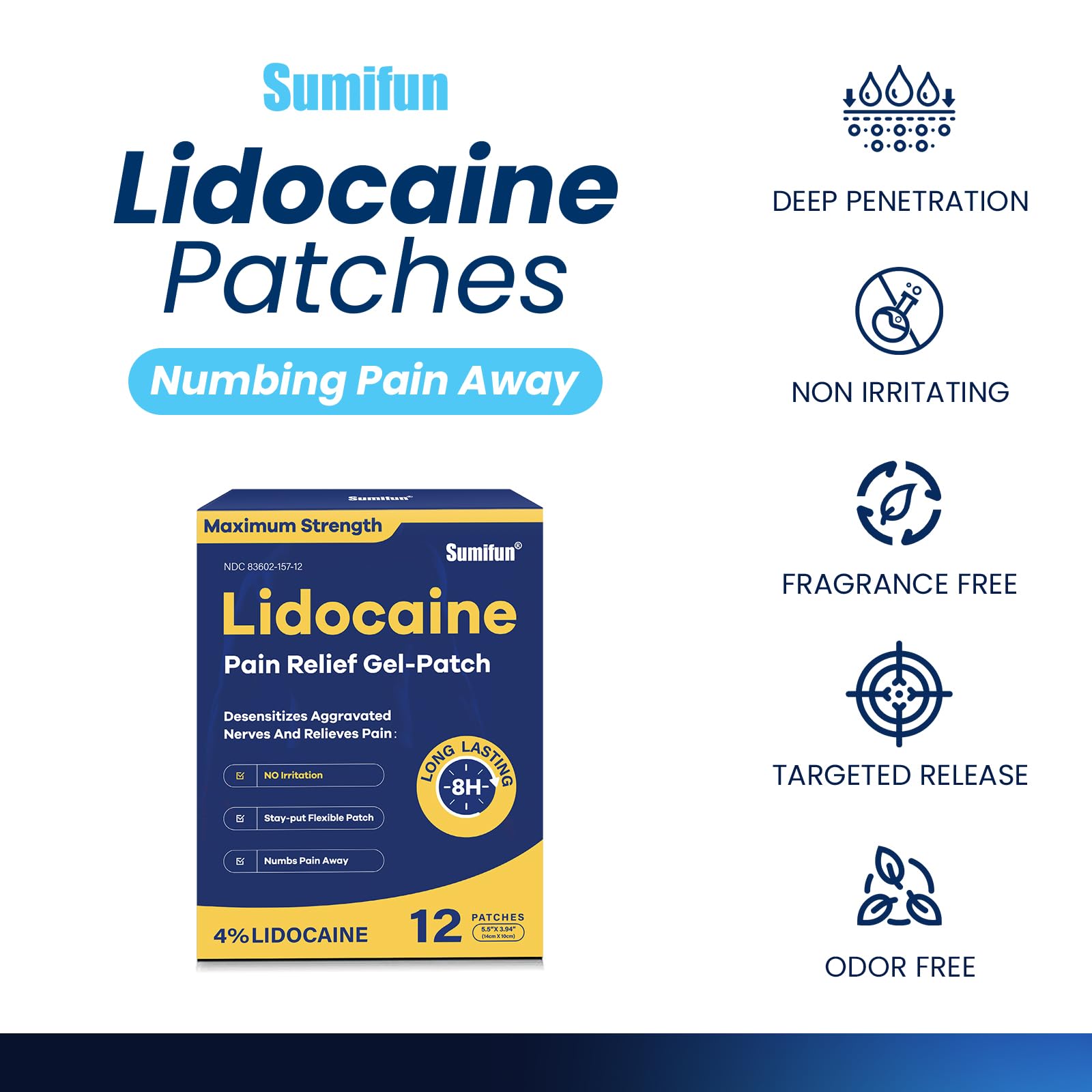 Sumifun 4% Lidocaine Patches Maximum Strength - 12 Count Pain Relieving Gel Patch for Muscle Soreness, Back Ache, Knee, Neck & Joint Pains - Topical Analgesic (Large, Count, 12) SumifunBuy Supplements Australia
