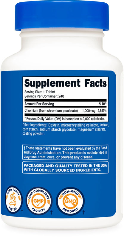 Nutricost Chromium 1000mcg, 240 Tablets - Gluten Free, Non-GMO NutricostBuy Supplements Australia
