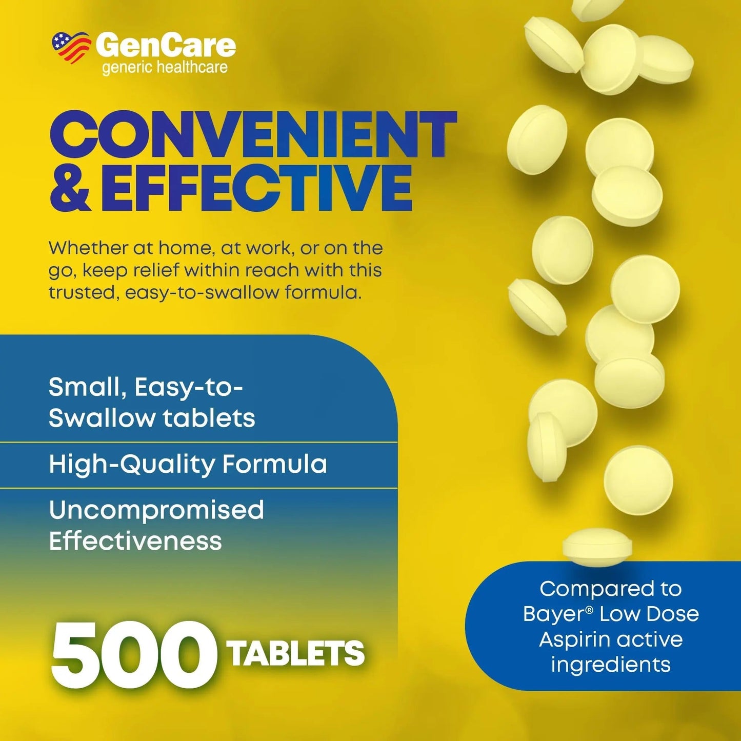 GenCare - Low Dose Aspirin 81mg for Adults Coated (NSAID) 500 Tablets | Adult Low Dose | Enteric Coated Aspirin Pills | Muscle Pain & Menstrual Pain Relief | Fever Reducer | Generic Bayer GenCareBuy Supplements Australia