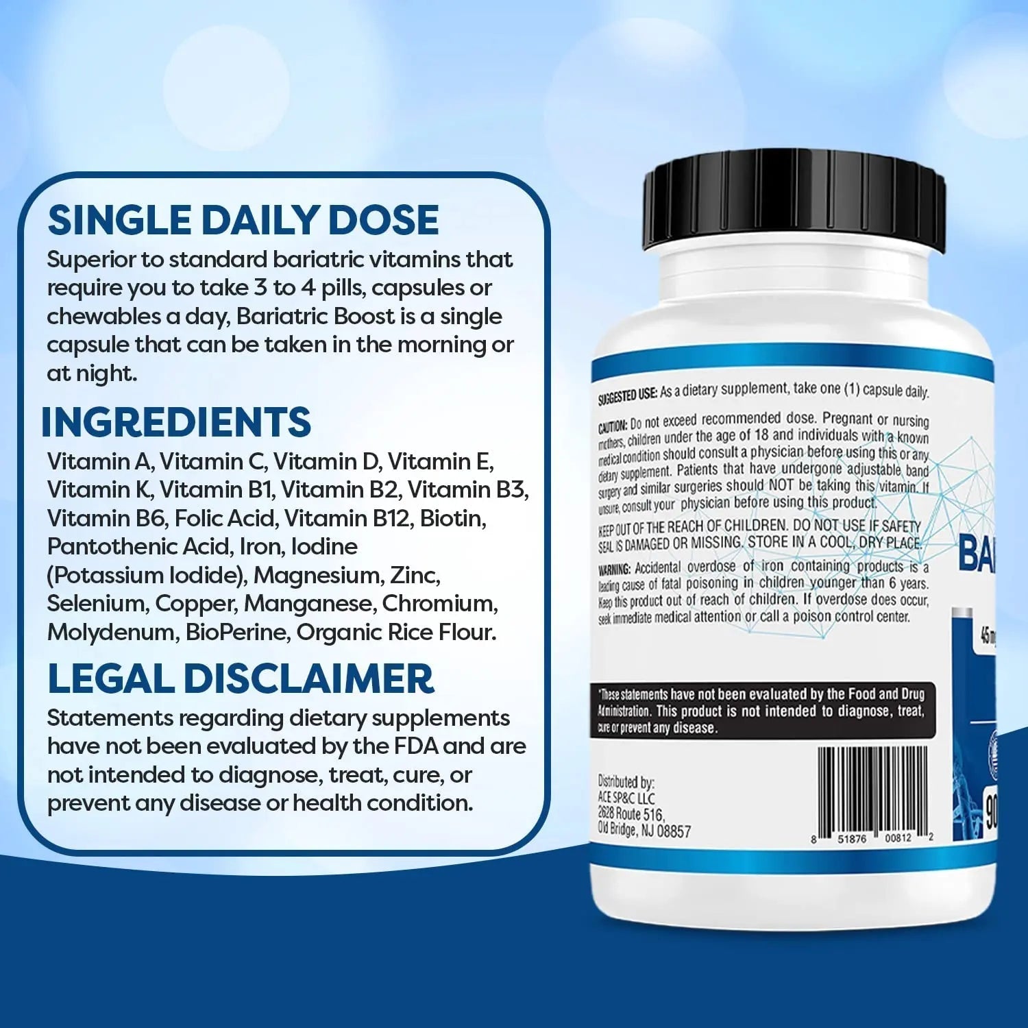 Bariatric Boost One-A-Day Multivitamin 90 Day Supply with 45mg Iron Post Gastric Bypass Sleeve Surgery | Non-GMO, Gluten Free, Bariatric Multivitamin Made in USA | ACE NUTRITIONBuy Supplements Australia