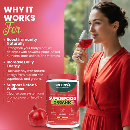 Greens+ Organic Reds Superfood Powder, Antioxidant, Polyphenol, Blend for Morning Kick, Energy, Vitality Boost, Nutrition, Vibrant Health, Vegan Soy/Dairy/Gluten Free(8.46oz) Greens+Buy Supplements Australia