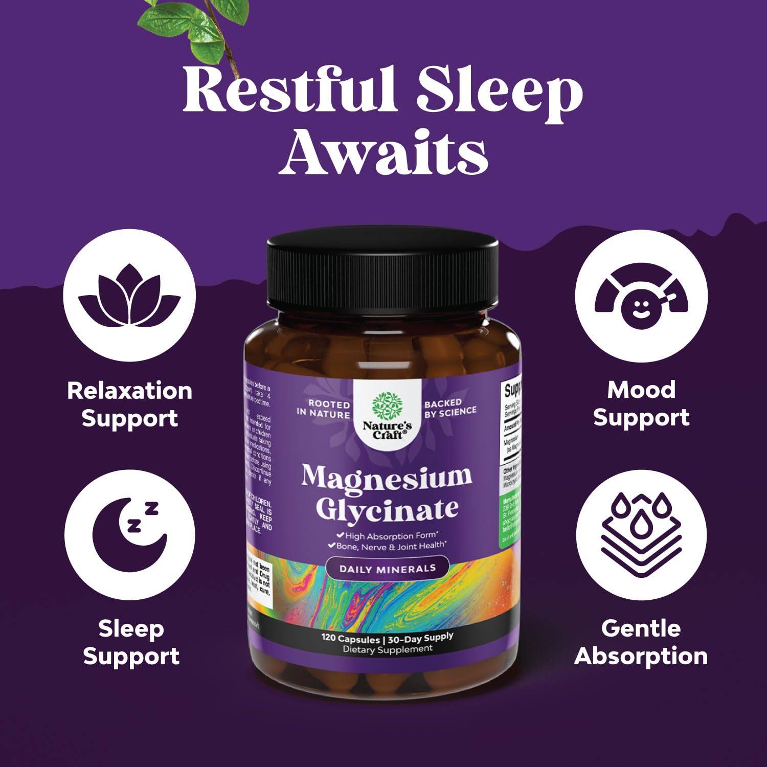 Pure Magnesium Glycinate Supplement 500mg - Magnesium for Sleep and Rest Capsules for Men & Women - Unflavored Vegan High Absorption Pills for Relaxation Support - 120 Count Natures CraftBuy Supplements Australia