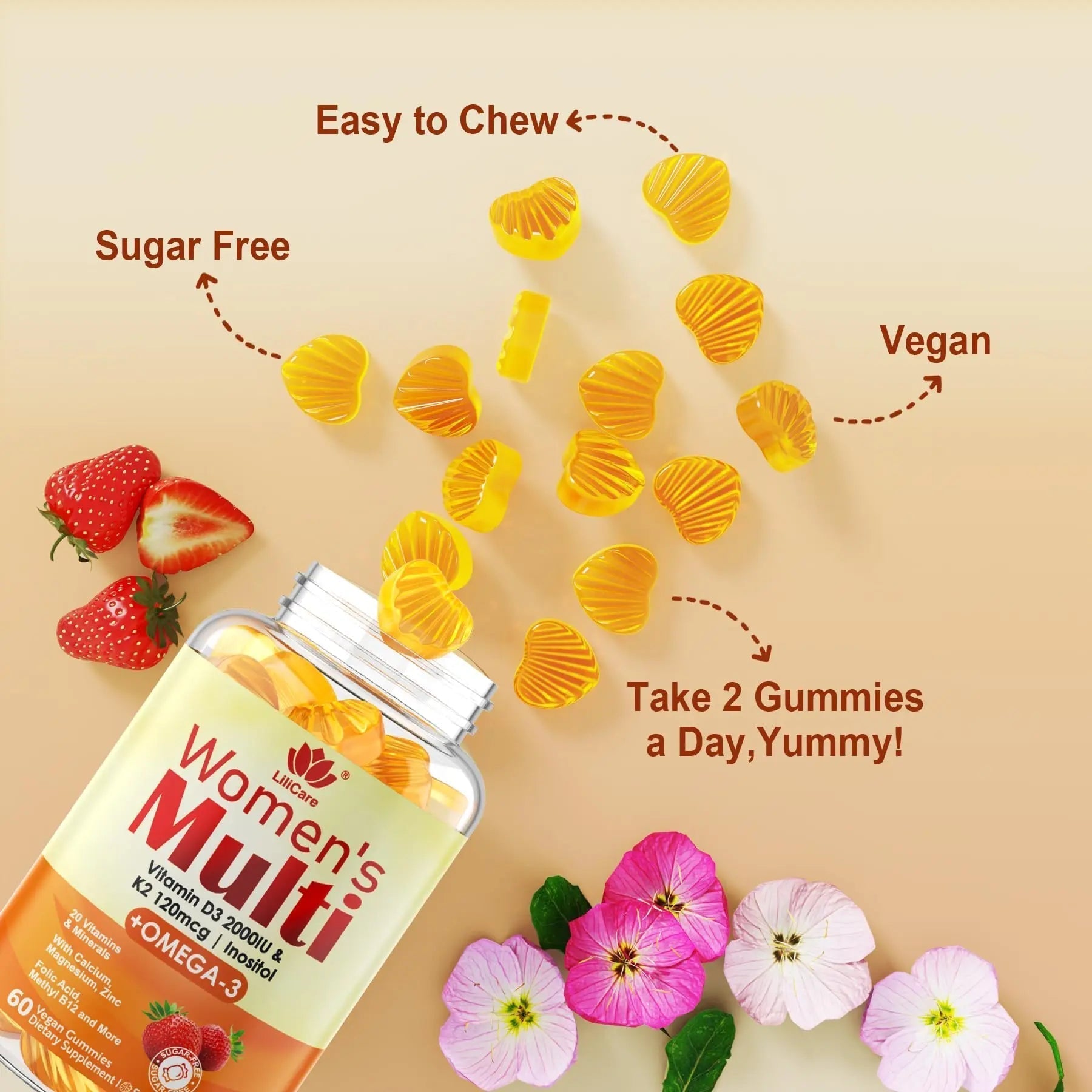 Womens Multivitamin Gummy with Omega 3（DHA/EPA), Vitamin D3 K2, Calcium, Inositol, Daily Womens Vitamin A C E B Complex LILICAREBuy Supplements Australia