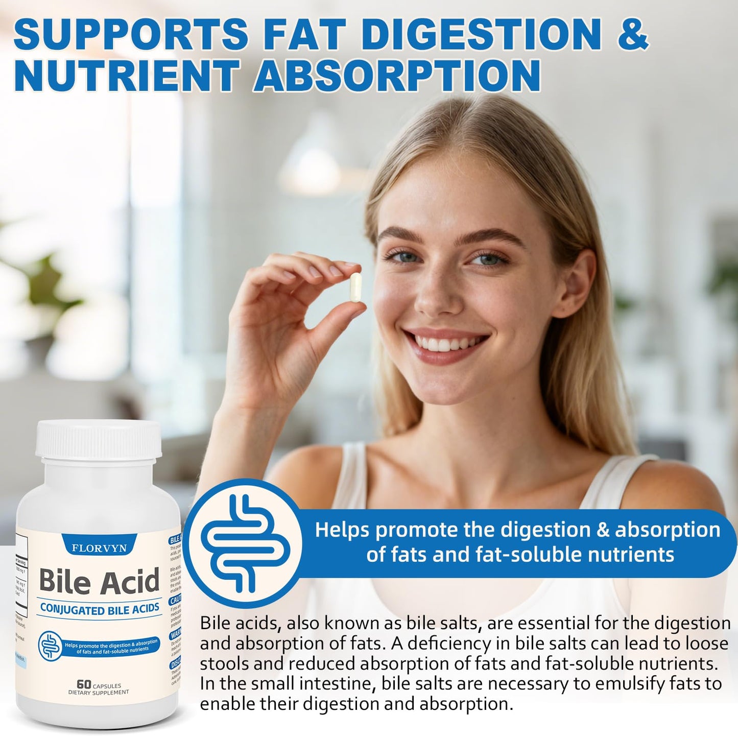 Florvyn Conjugated Bile Acid Supplement 1000mg – Supports Fat Digestion & Absorption of Fats & Fat-Soluble Nutrients, Gut Comfort & Nutrient Utilization, 60 Capsules, 30 Day Supply FlorvynBuy Supplements Australia