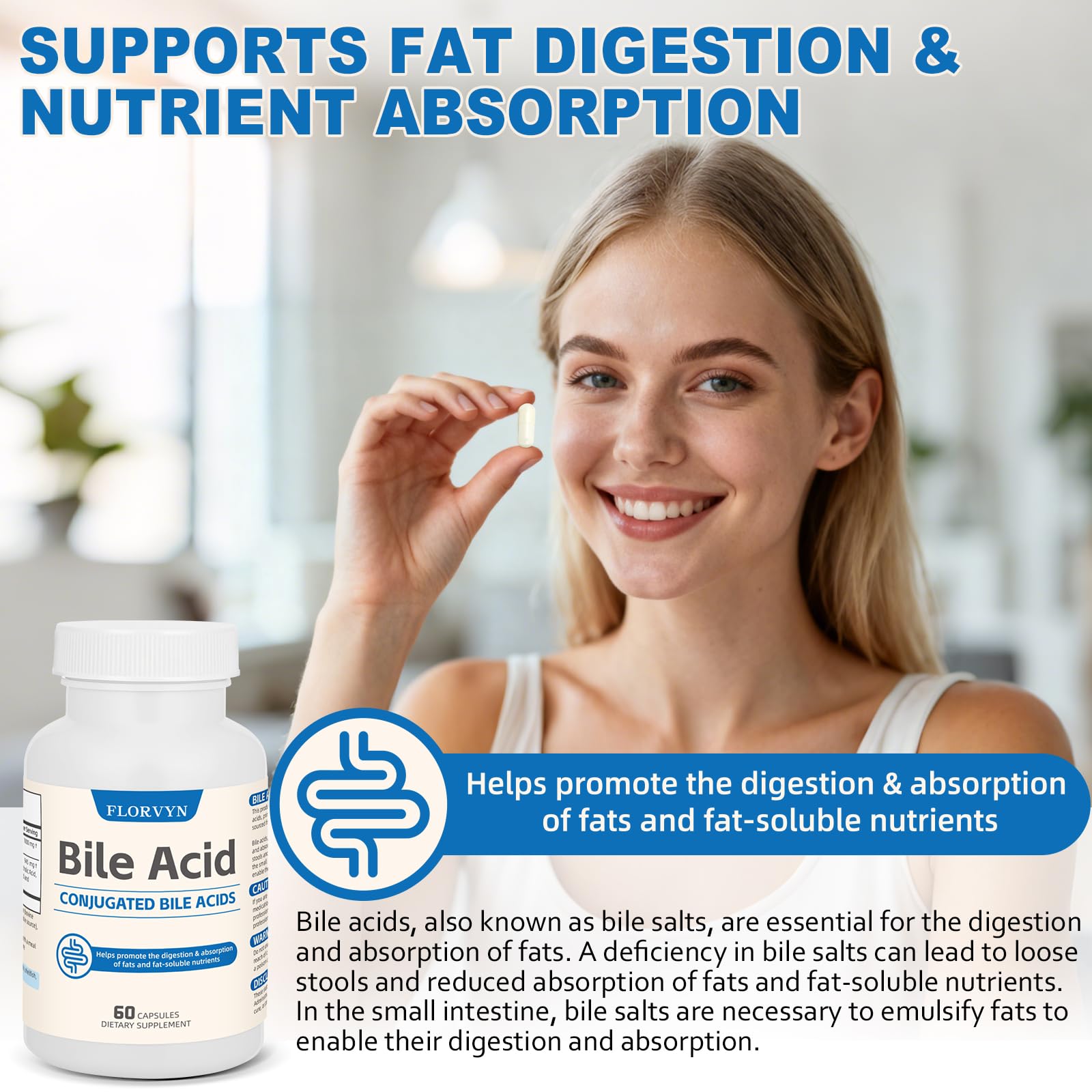 Florvyn Conjugated Bile Acid Supplement 1000mg – Supports Fat Digestion & Absorption of Fats & Fat-Soluble Nutrients, Gut Comfort & Nutrient Utilization, 60 Capsules, 30 Day Supply FlorvynBuy Supplements Australia