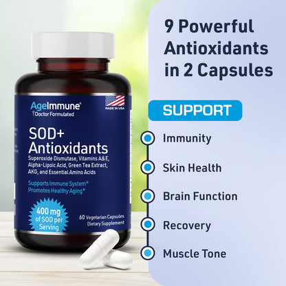 SOD Antioxidants Complex Healthy Aging Supplement - 400mg of Superoxide Dismutase - Alpha Lipoic Acid - L-Arginine -Lysine - AKG - Vitamin A - Vitamin E for Immune Support-60 Capsules AgeImmuneBuy Supplements Australia