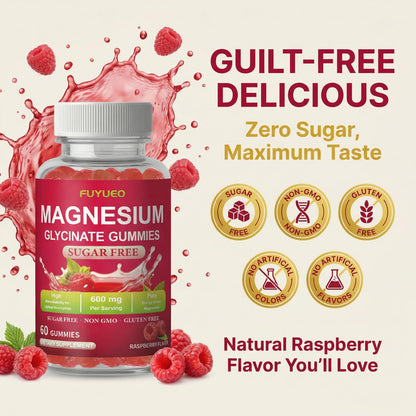 FUYUEO Magnesium Glycinate Gummies for Sleep & Relaxation, Sugar Free High Absorption Magnesium Supplement for Men & Women, Gentle on Stomach, Chewable, Raspberry, 60 Count (Pack of 1) FUYUEOBuy Supplements Australia