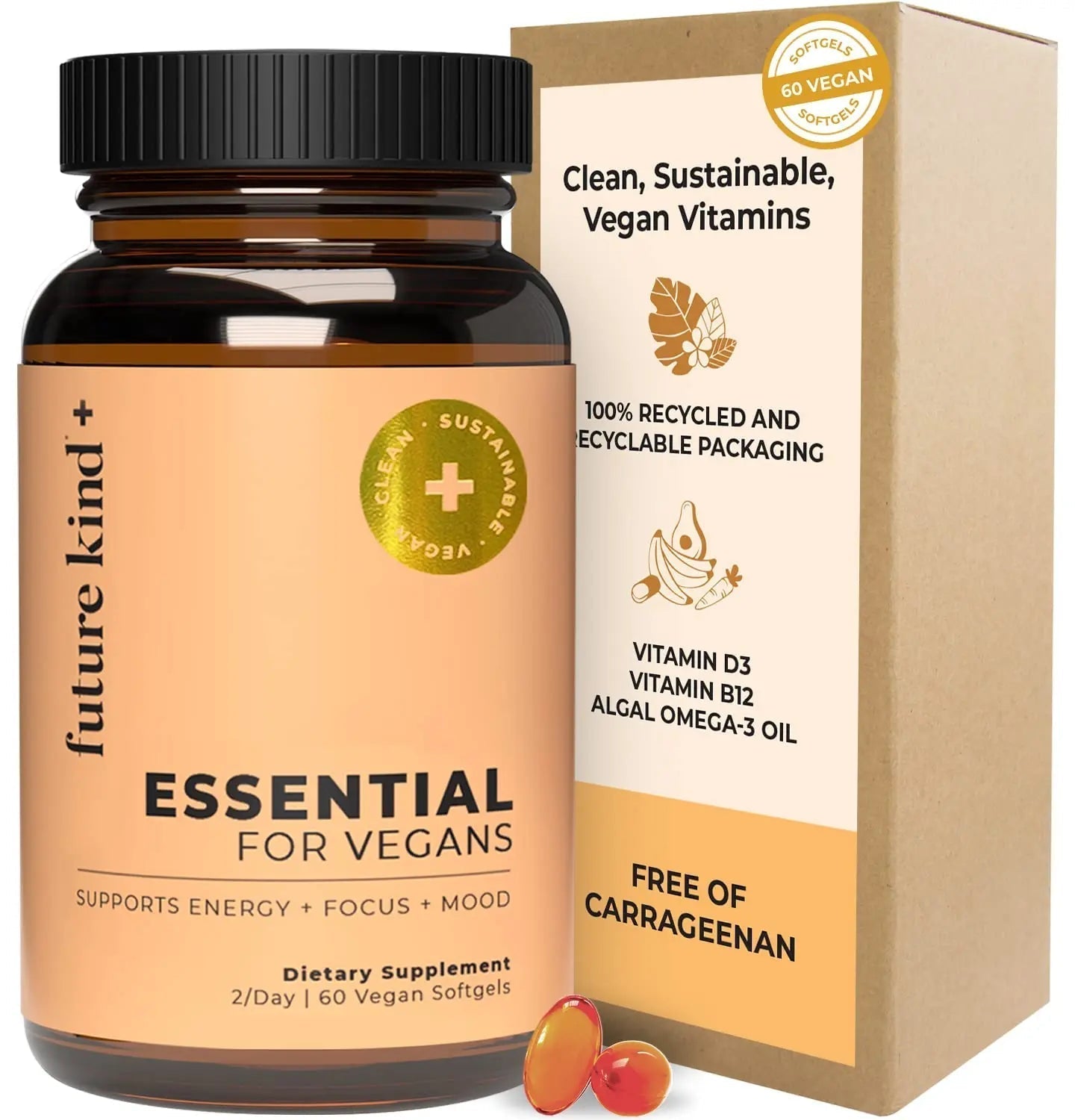 Future Kind Vegan Multivitamins - Glass Bottle & Made for Vegans with Omega 3 DHA, EPA, Vitamin B12 & D3 for Energy, Focus, & Mood (60 Softgels) Future KindBuy Supplements Australia