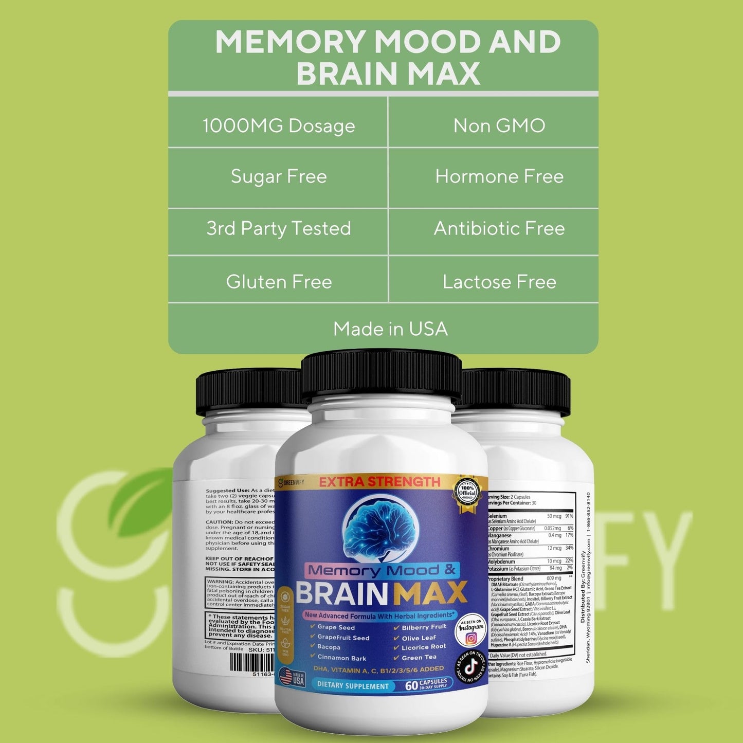 Memory, Mood & Brain Max Extra Strength Supplement with Herbal Ingredients, 60 Capsules, DHA, Vitamins, Bacopa, Green Tea (1) GREENVIFYBuy Supplements Australia