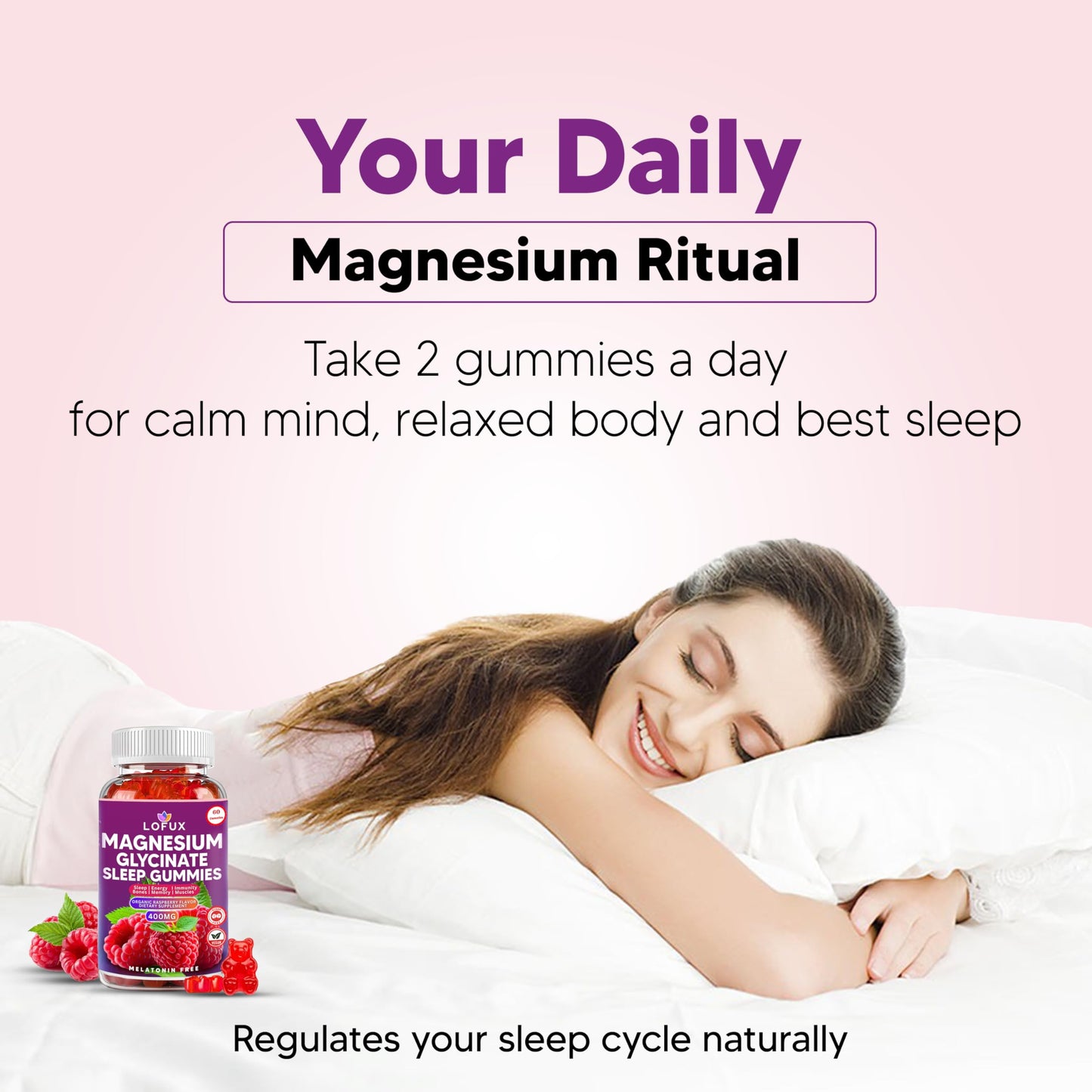 Lofux Magnesium Glycinate Gummies 400mg, Sugar Free Magnesium Gummies for Adults Women, Men, Chewable Supplement Gummy with L-Threonate, Vitamin D, B6, CoQ10 - for Calm, Sleep, Body Relaxation, 120 Ct LofuxBuy Supplements Australia