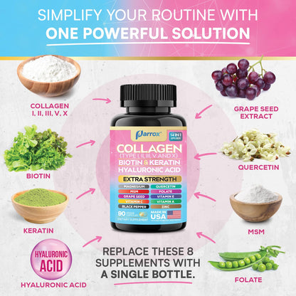 Parrox Collagen Peptides Types I, II, III, V & X, MCG Biotin, Keratin, Hyaluronic Acid, MSM, Zinc, Grape Seed Extract, Quercetin, Vitamin A, Vitamin C,