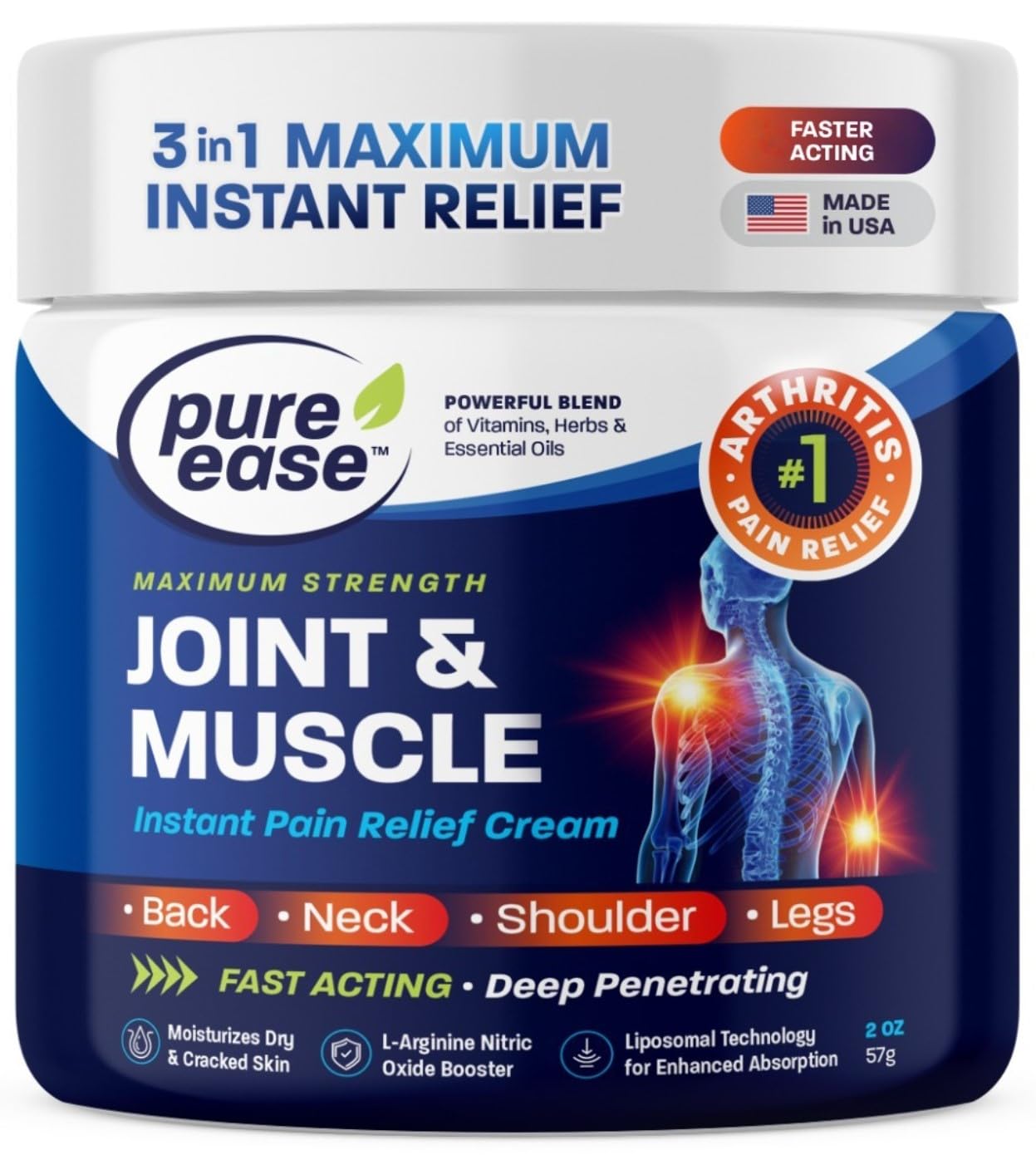 Pure Ease Arthritis Pain Relief Cream for Back 3 in 1 Maximum Instant Relief 2 OZ - Fast-Acting Muscle Pain Cream Extra Strength Joint & Knee - Powerful Formula for Neck Shoulder & Lower Back Pure EaseBuy Supplements Australia