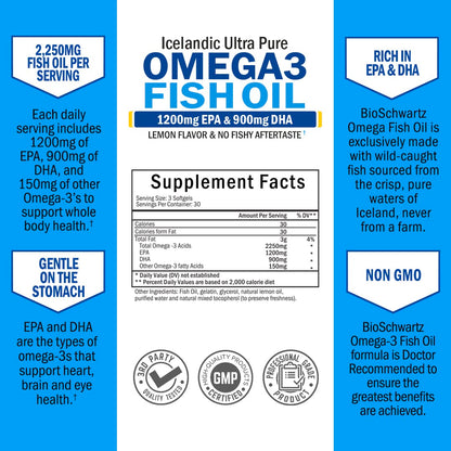 Omega 3 Fish Oil Supplement - 1200mg EPA and 900mg DHA Fatty Acid Per Serving BioSchwartzBuy Supplements Australia