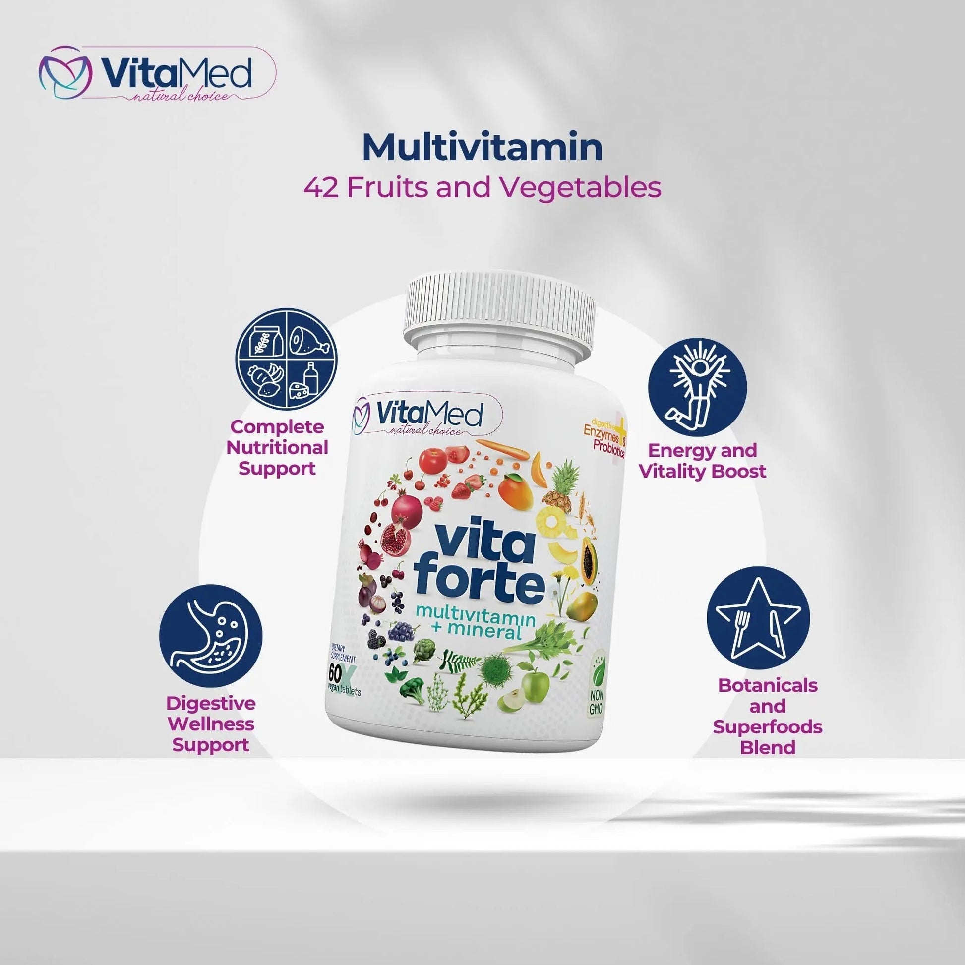 Vita Forte Vegan Multivitamin with Probiotics, Digestive Enzymes & 42 Fruits & Vegetables – Halal Certified VitaMedBuy Supplements Australia