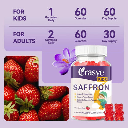 Crasye Saffron Gummies for Kids 100% Pure Organic Saffron Extract Sugar Free Saffron Supplements Gummy for Children Calm Mood & Focus - 60 Gummies Crasye