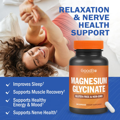 Magnesium Glycinate - High Absorption Magnesium Supplement 500mg Per Serving for Stress Relief, Sleep, Heart and Bone Health, Nerve Support - Non-GMO, Gluten-Free, Gentle on Stomach, 240 Capsules GOODBIOBuy Supplements Australia